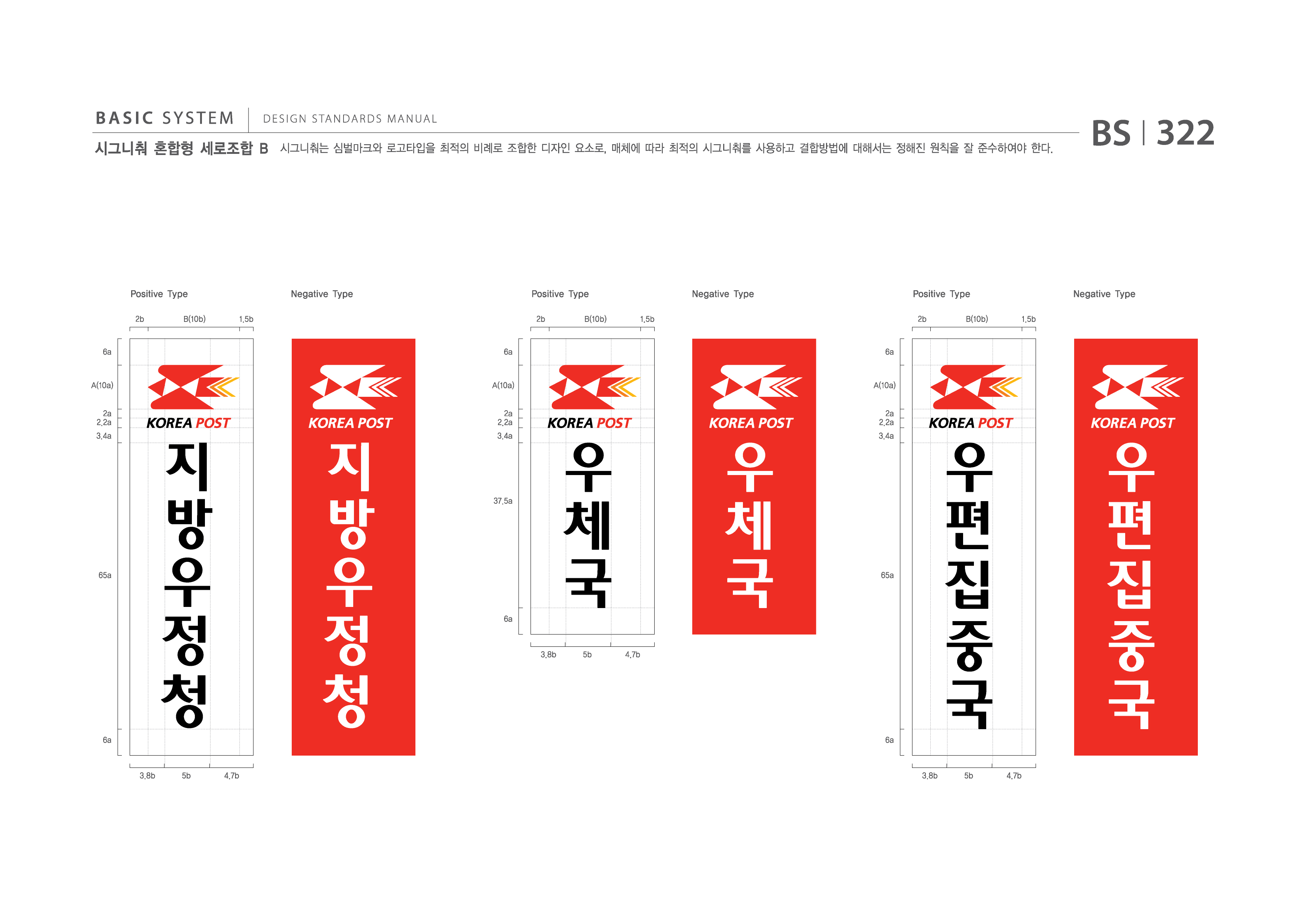 BASIC SYSTEM  DESIGN STANDARDS MANUAL  시그니춰 혼합형 세로조합 B  시그니춰는 심벌마크와 로고타입을 최적의 비례로 조합한 디자인 요소로, 매체에 따라 최적의 시그니춰를 사용하고 결합방법에 대해서는 정해진 원칙을 잘 준수하여야 한다.  BS I 322  Positive Type 2b B(10b) 1.5b  Negative Type  Positive Type 2b B(10b) 1.5b  Negative Type  Positive Type 2b B(10b) 1.5b  Negative Type  6a  6a  6a  A(10a) 2a 2.2a 3.4a  A(10a) 2a 2.2a 3.4a  A(10a) 2a 2.2a 3.4a 65a  37.5a  65a  6a 6a 3.8b 5b 4.7b 3.8b 5b 4.7b  6a  3.8b  5b  4.7b